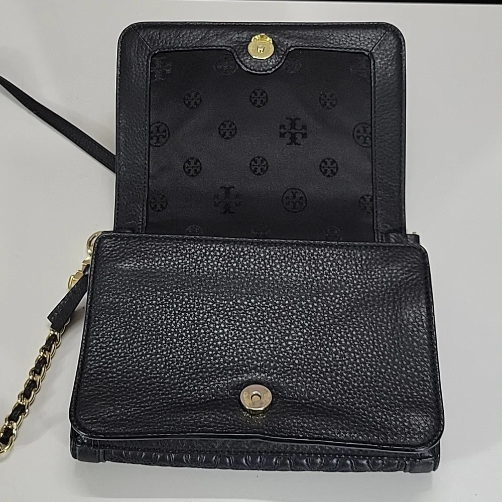 Tory Burch Black Quilted Leather Crossbody Bag with Gold Chain